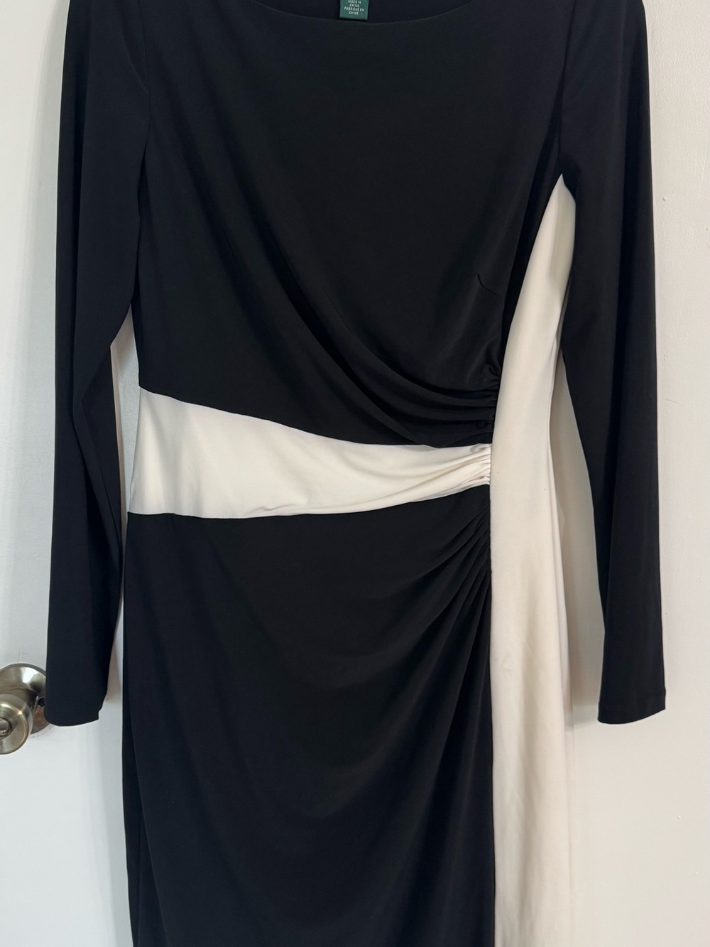 Ralph Lauren Black and White Long-Sleeve Ruched Sheath Dress